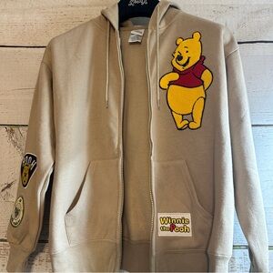 DISNEY Winnie the Pooh Tan Zip 5 Patch Embroidered Soft Hoodie Size Small